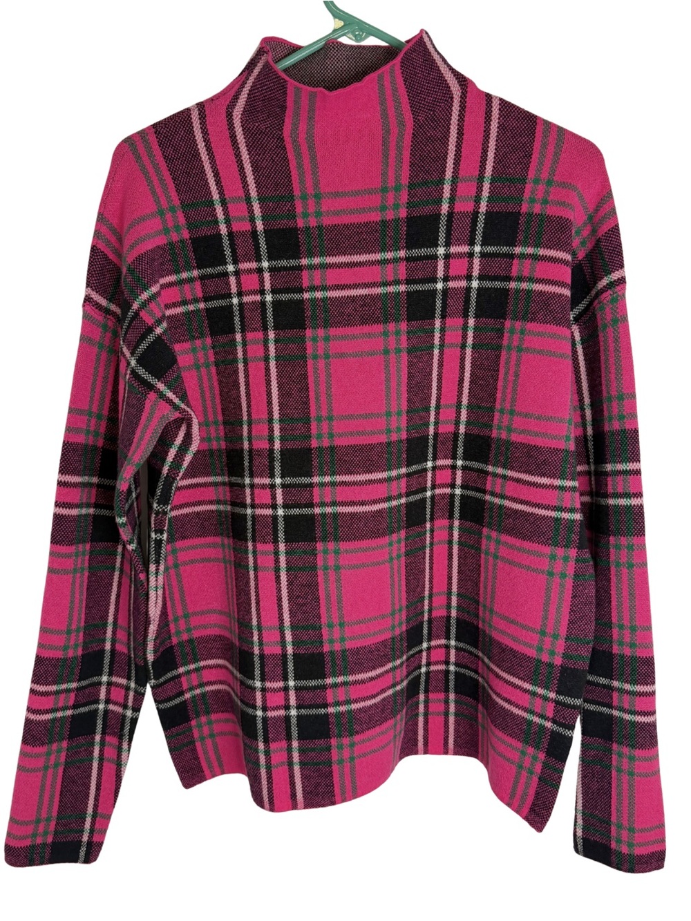 Tahari Hot Pink & Black Plaid Mock Neck Long Sleeve Sweater Size Medium